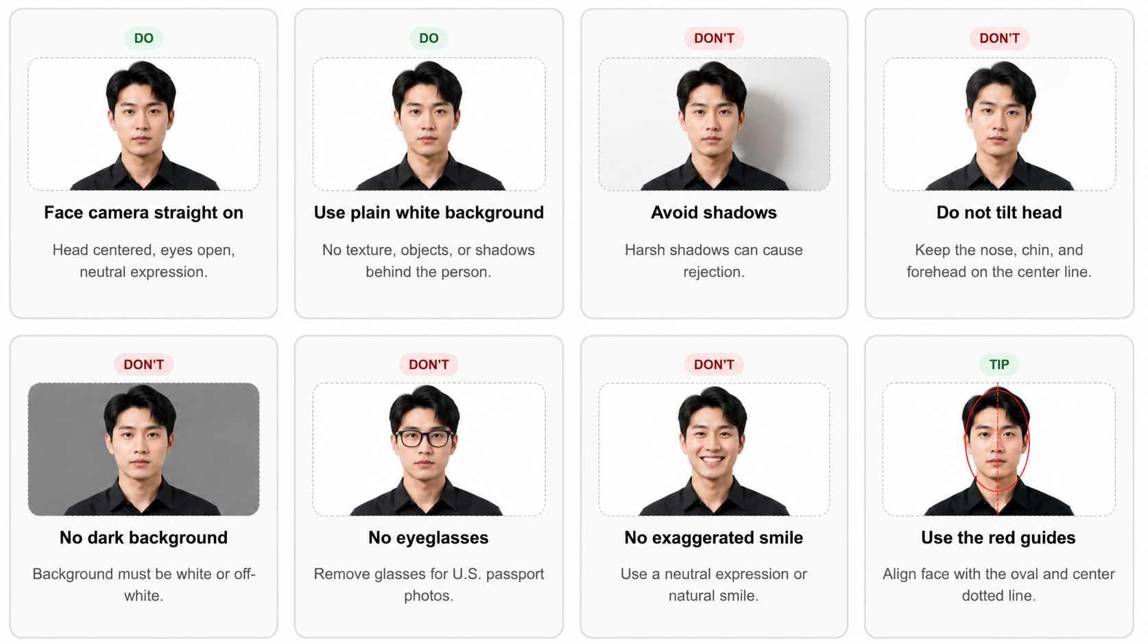 Passport photo do and don't guide using real person examples